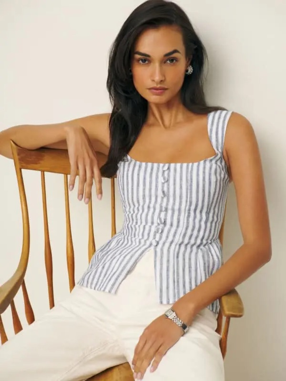 Reformation Evie striped Linen Top size 10 white blue - Picture 3 of 12